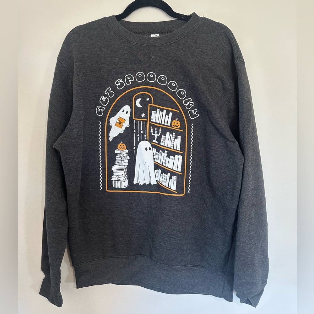 Gray graphic ghosts and books Halloween sweatshirt